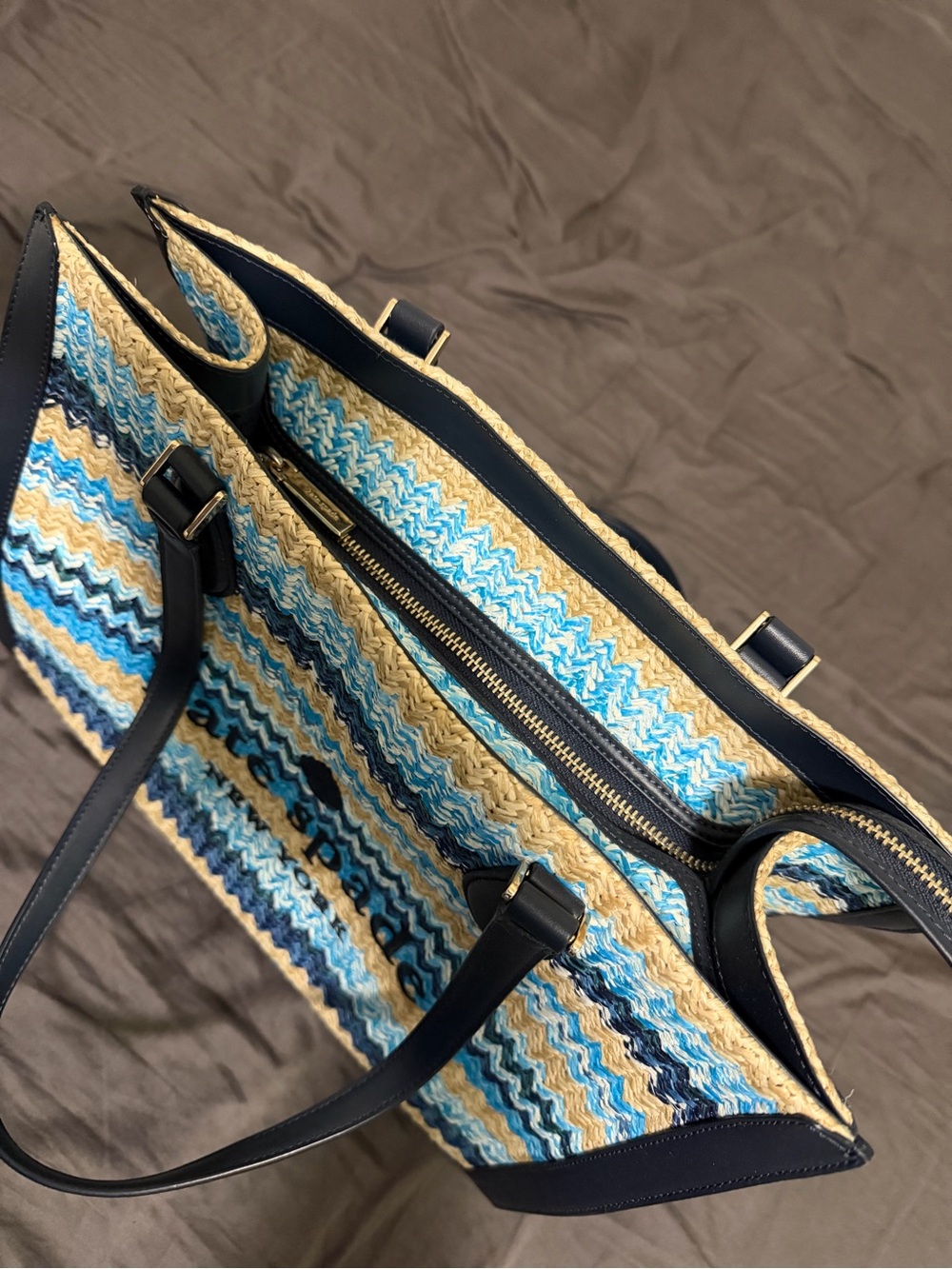 kate spade Navy and Blue Striped Straw Tote - Picture 3 of 9